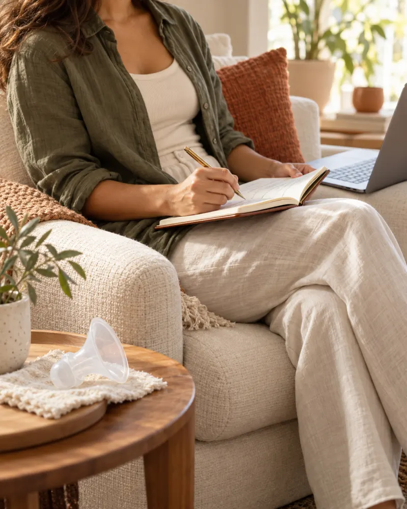 Mãe fazendo anotações num caderno, com o notebook ao lado e um funil de extratora sobre a mesinha